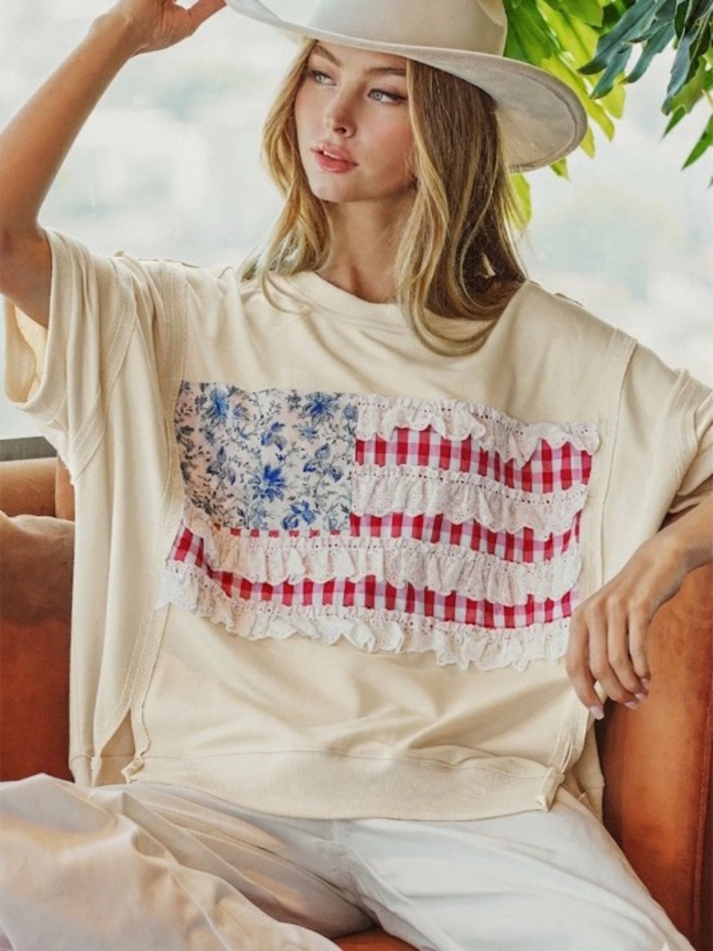American flag stars stripe patriotic crochet embroidered stitch tunic top shirt